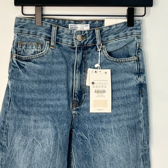 Bershka High Waist Straight Leg Denim Jeans Blue 100% Cotton Size 00 NWT Y2K - Picture 3 of 12